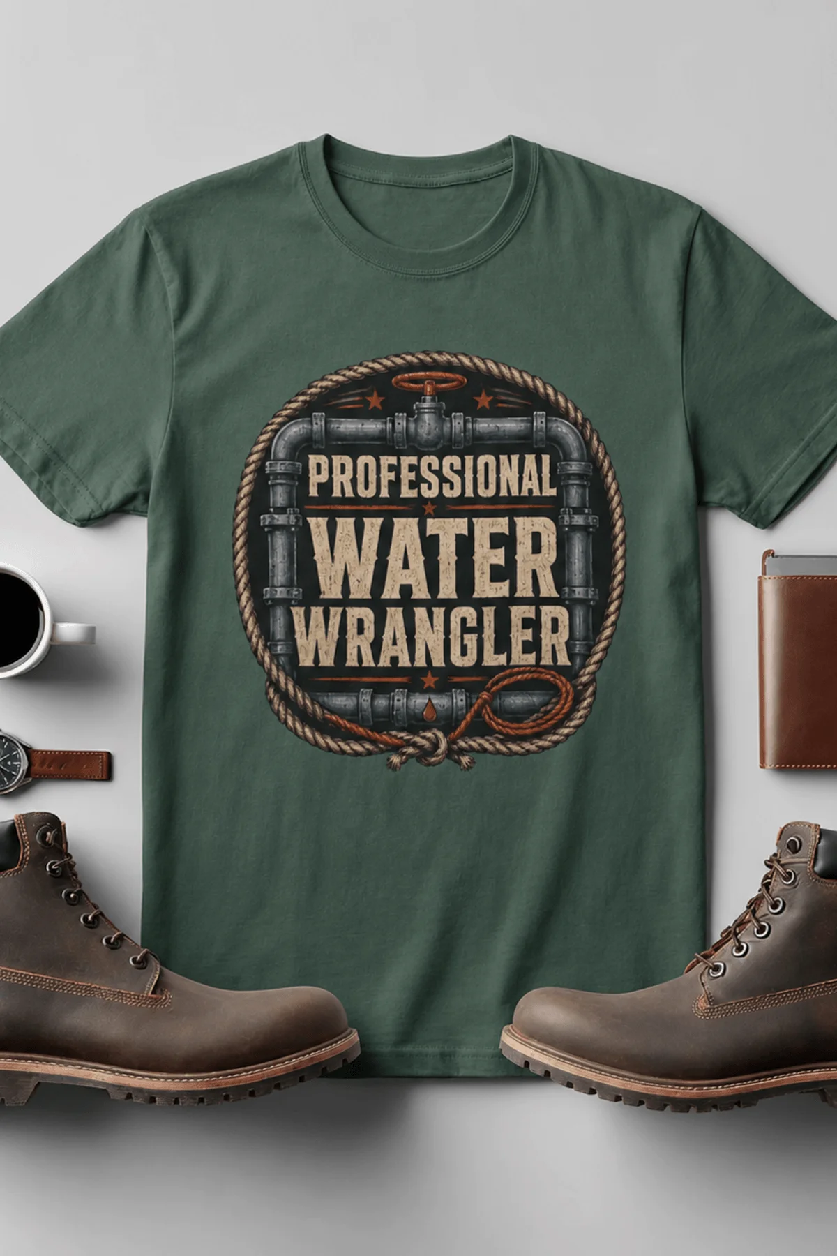 Funny Plumber Tee - "Professional Water Wrangler" Rustic Rope Graphic T-Shirt — blue-spruce t-shirt, flat-lay product photo | Pressure Tested Co