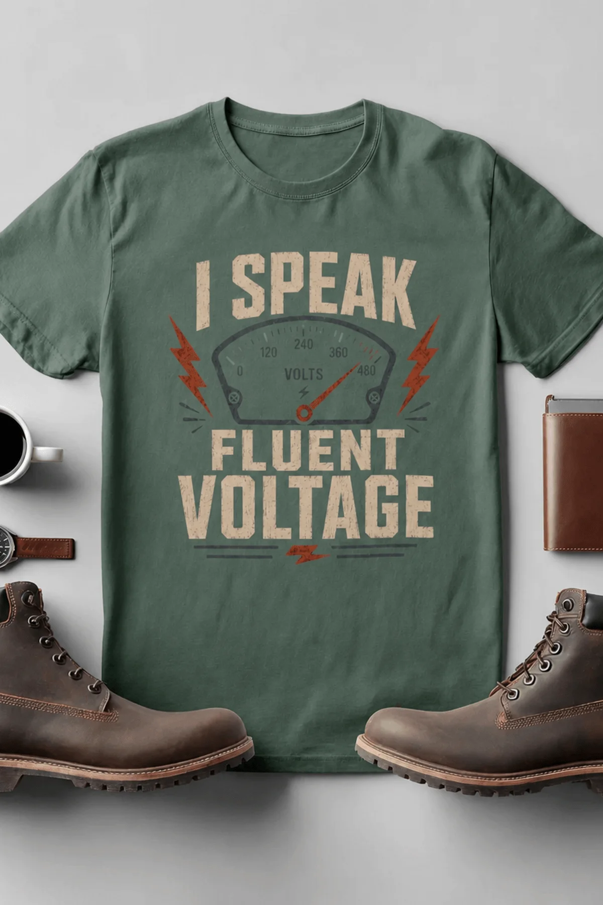 I Speak Fluent Voltage T-Shirt — Electrician & Electronics Tech Gift — blue-spruce t-shirt, flat-lay product photo | Pressure Tested Co