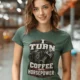 Mechanic Technician T-Shirt — "I Turn Coffee Into Horsepower" Vintage Work Shirt — blue-spruce — Model Mechanic Technician T-Shirt — "I Turn Coffee Into Horsepower" Vintage Work Shirt — blue-spruce t-shirt, model photo | Pressure Tested Co