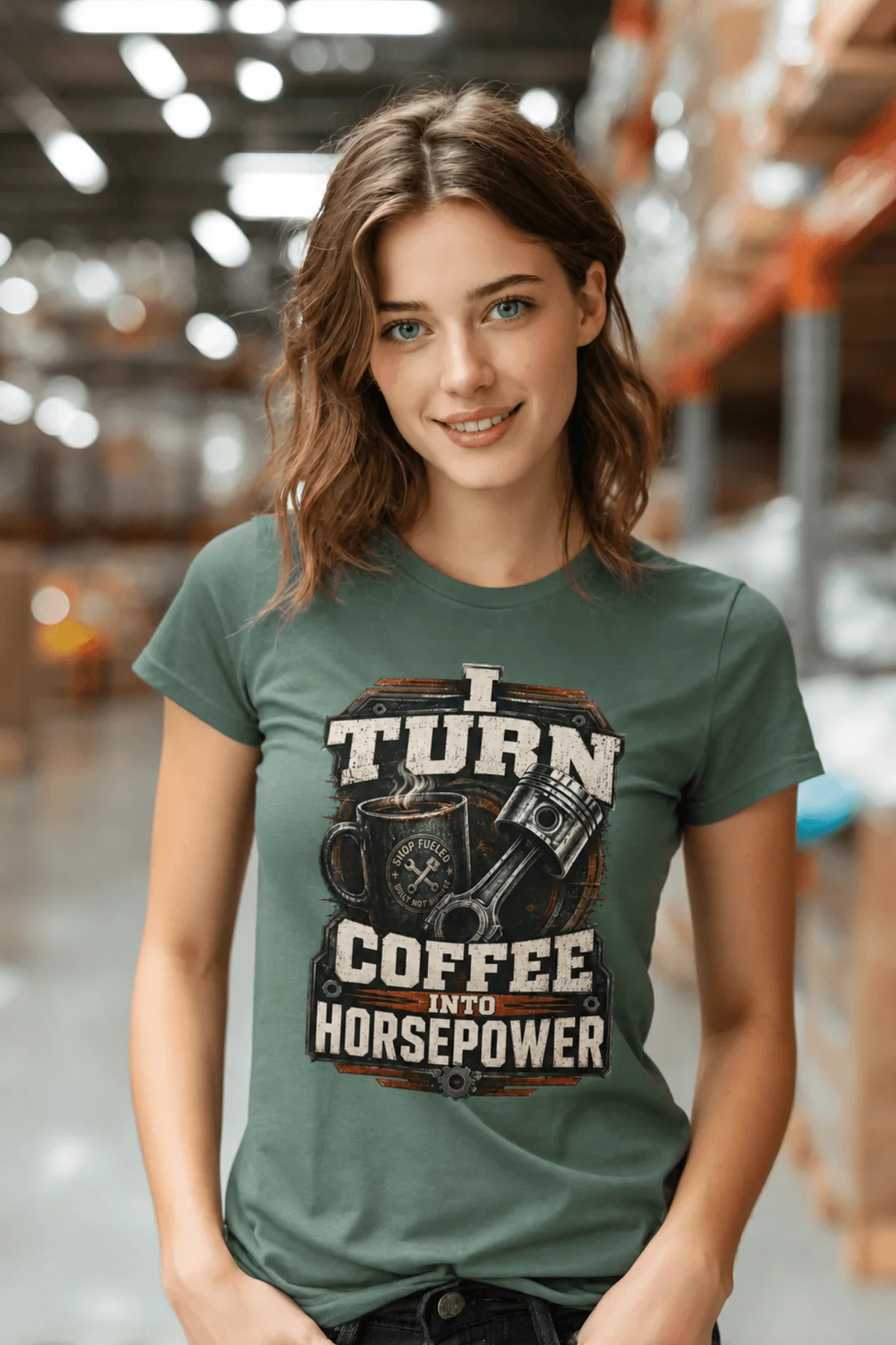 Mechanic Technician T-Shirt — "I Turn Coffee Into Horsepower" Vintage Work Shirt — blue-spruce — Model Mechanic Technician T-Shirt — "I Turn Coffee Into Horsepower" Vintage Work Shirt — blue-spruce t-shirt, model photo | Pressure Tested Co