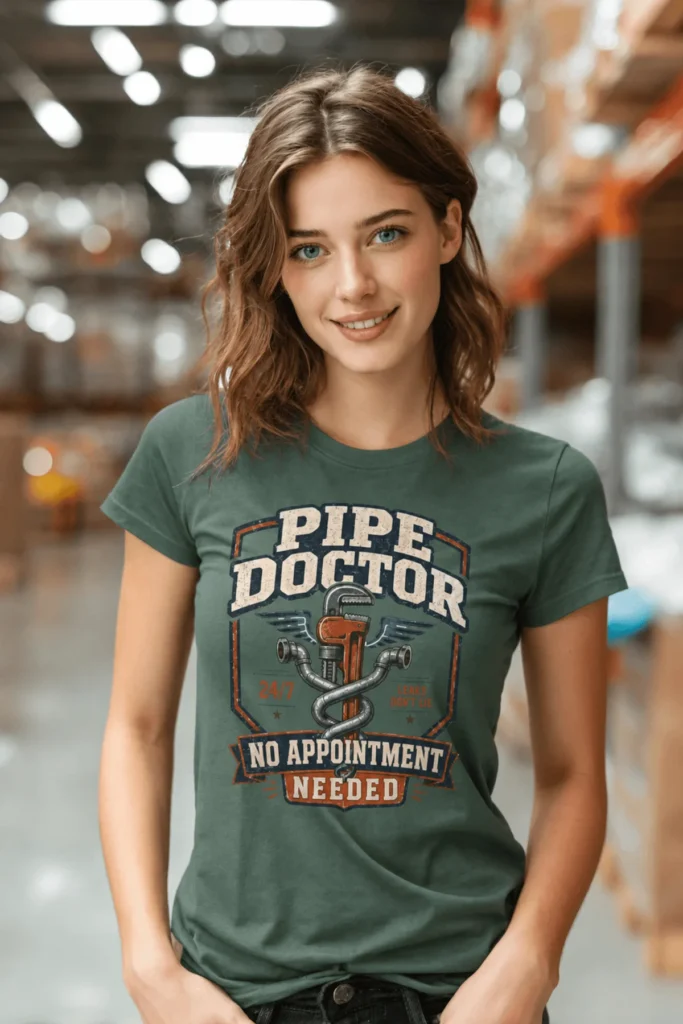 Plumber T-Shirt — "Pipe Doctor. No Appointment Needed" Vintage Work Shirt — blue-spruce t-shirt, model photo | Pressure Tested Co