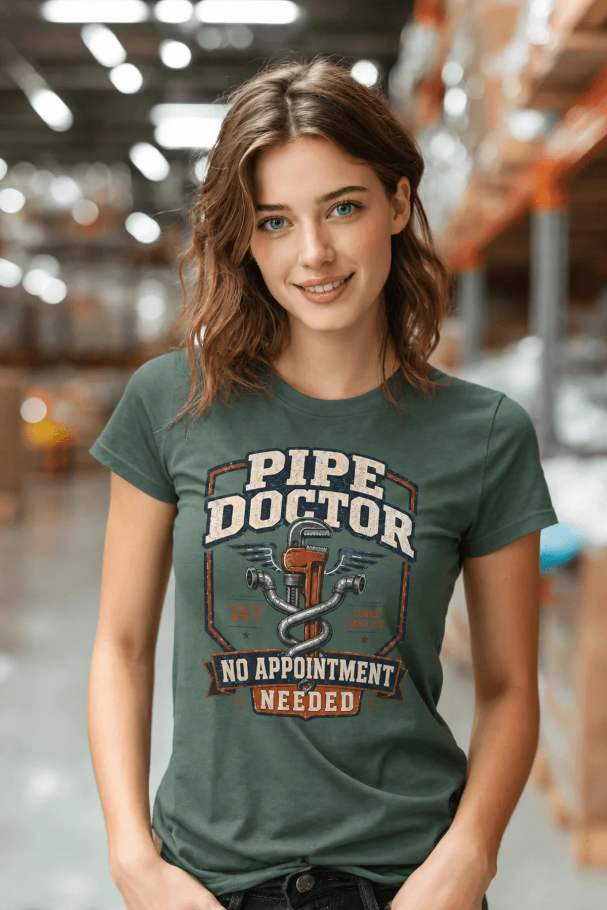 Plumber T-Shirt — "Pipe Doctor. No Appointment Needed" Vintage Work Shirt — blue-spruce — Model Plumber T-Shirt — "Pipe Doctor. No Appointment Needed" Vintage Work Shirt — blue-spruce t-shirt, model photo | Pressure Tested Co