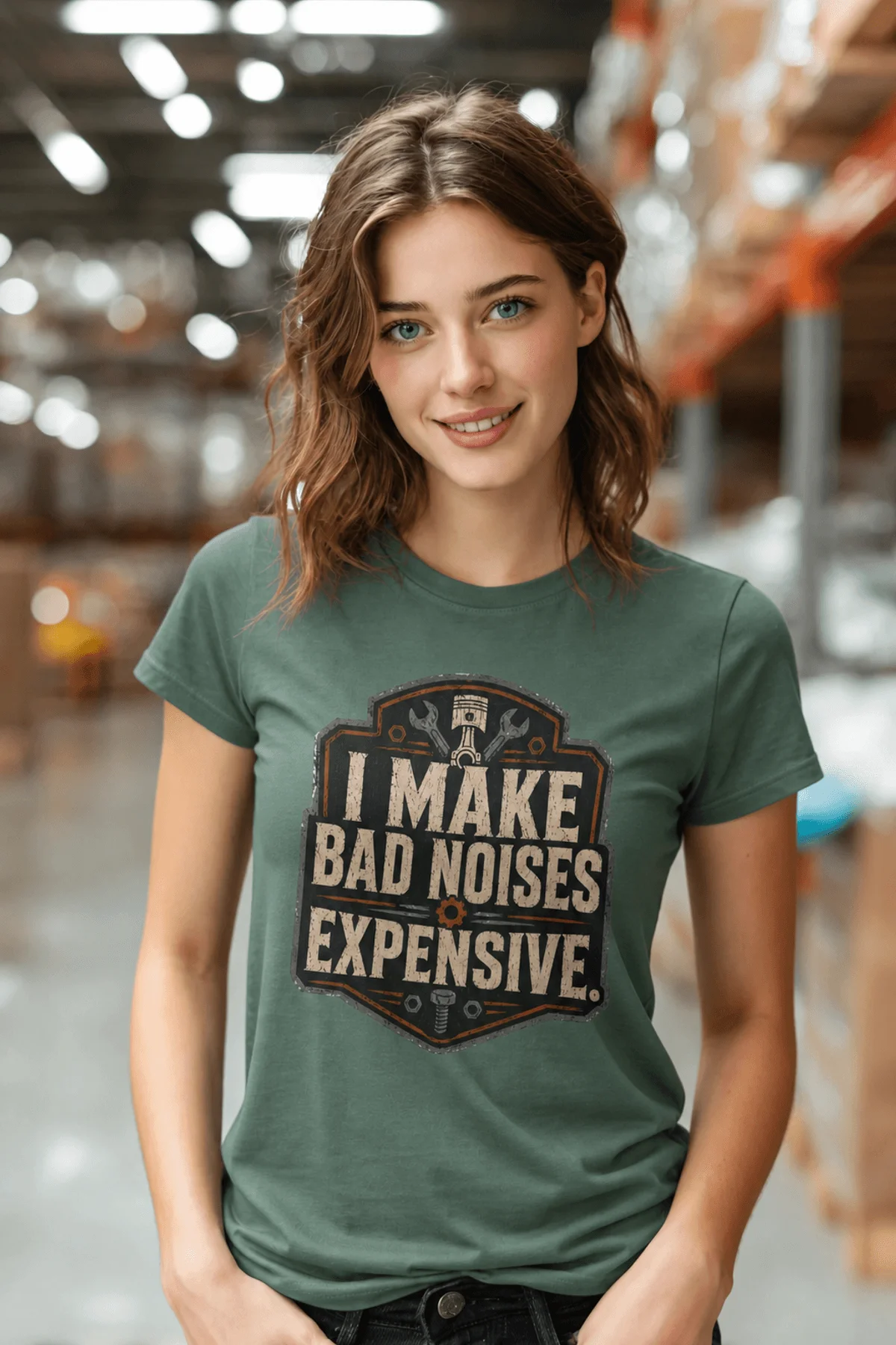 Funny Mechanic Tee - "I Make Bad Noises Expensive" Technician Worker/ Mechanic / Gearhead Tee — blue-spruce t-shirt, model photo | Pressure Tested Co