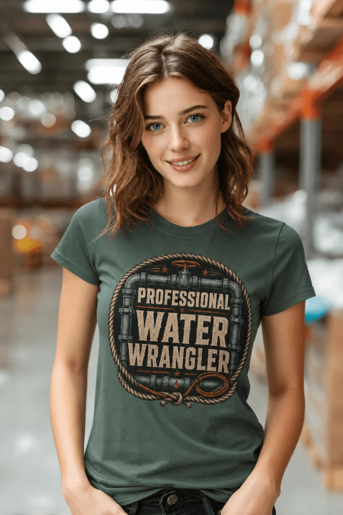 Funny Plumber Tee - "Professional Water Wrangler" Rustic Rope Graphic T-Shirt — blue-spruce t-shirt, model photo | Pressure Tested Co