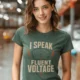 I Speak Fluent Voltage T-Shirt — Electrician & Electronics Tech Gift — blue-spruce t-shirt, model photo | Pressure Tested Co