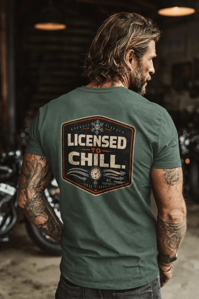 Funny HVAC Tee - "Licensed To Chill" HVAC Technician T-Shirt — blue-spruce t-shirt, model photo | Pressure Tested Co