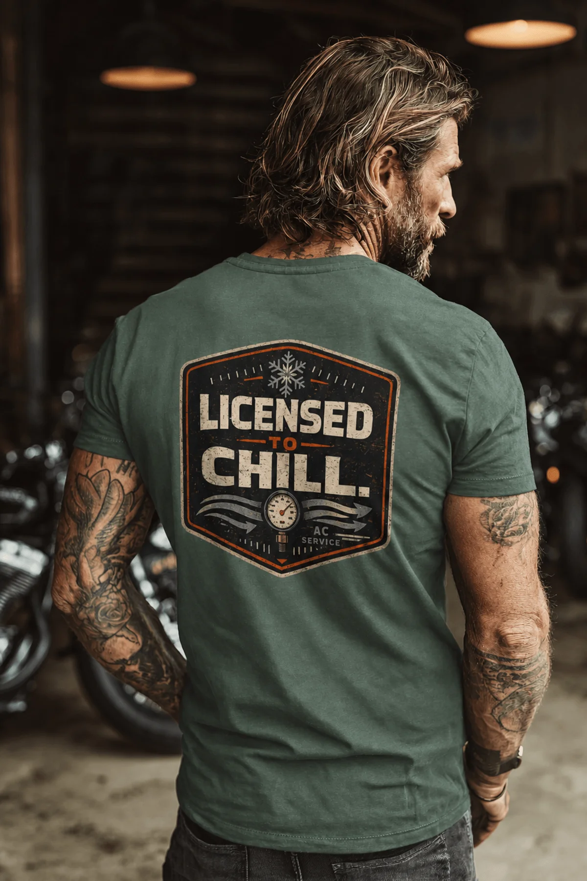 Funny HVAC Tee - "Licensed To Chill" HVAC Technician T-Shirt — blue-spruce t-shirt, model photo | Pressure Tested Co