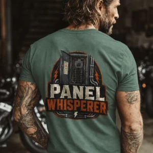 Funny Electrician Tee - "Panel Whisperer" Electrical Worker T-Shirt — blue-spruce t-shirt, model photo | Pressure Tested Co