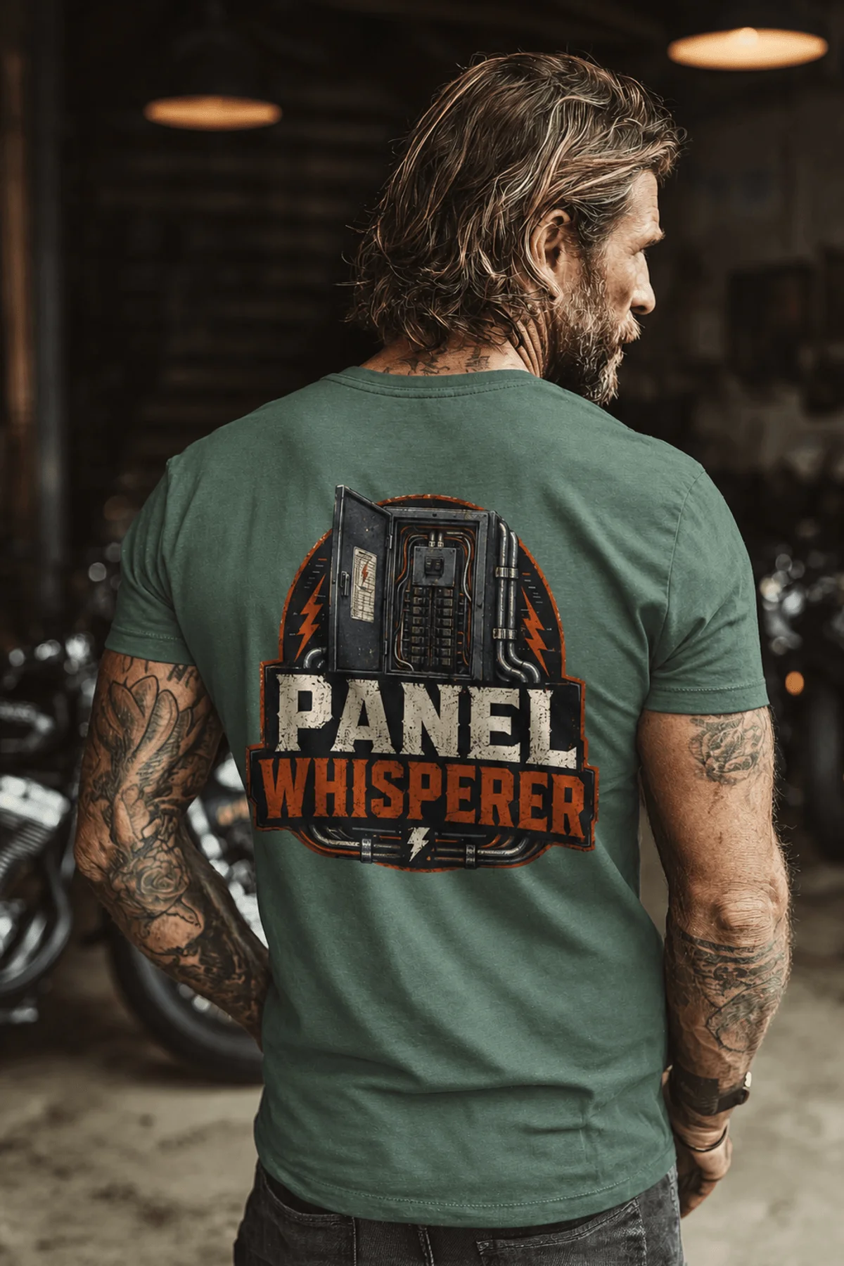 Funny Electrician Tee - "Panel Whisperer" Electrical Worker T-Shirt — blue-spruce t-shirt, model photo | Pressure Tested Co