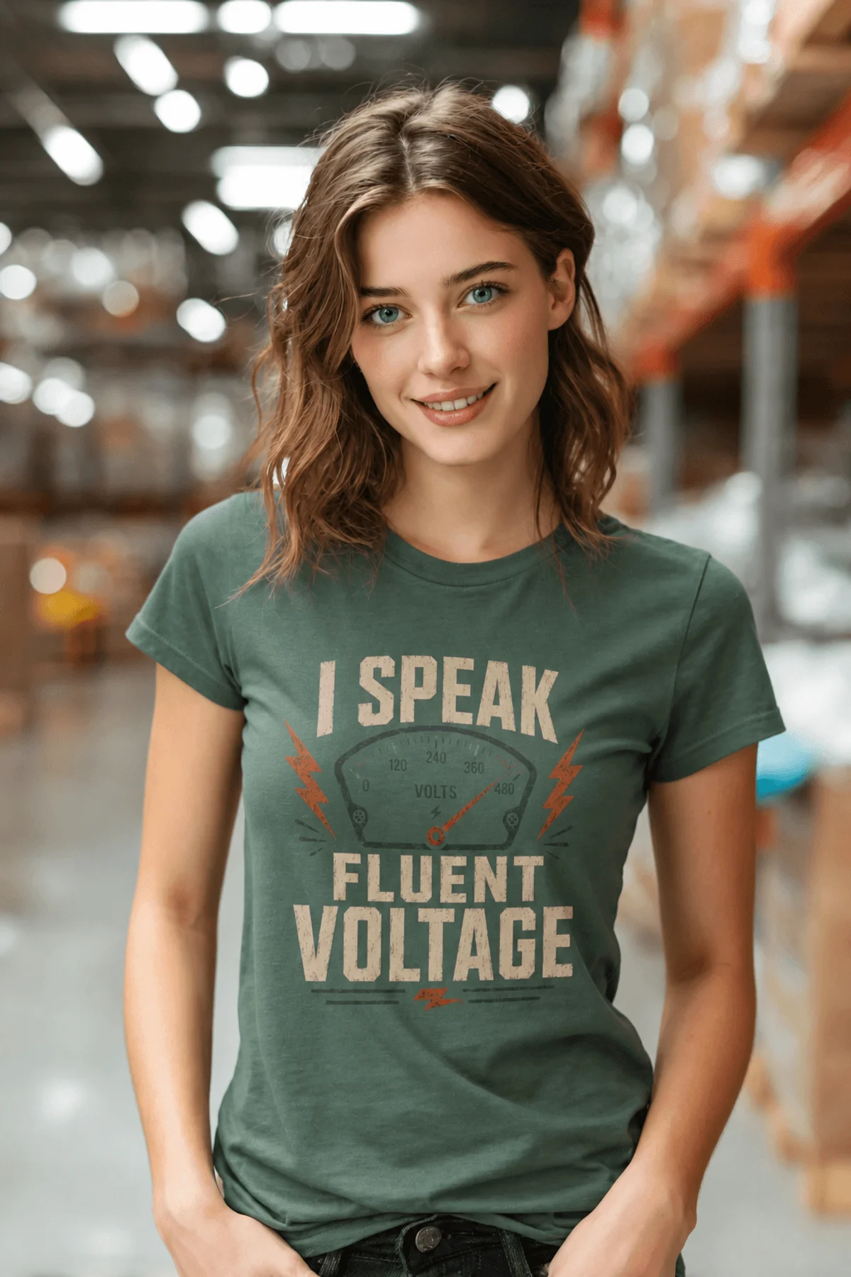 I Speak Fluent Voltage T-Shirt — Electrician & Electronics Tech Gift — blue-spruce t-shirt, model photo | Pressure Tested Co