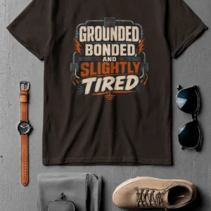 Grounded, Bonded and Slightly Tired Graphic Tee — Funny Electrical Worker Shirt — brown t-shirt, flat-lay product photo | Pressure Tested Co