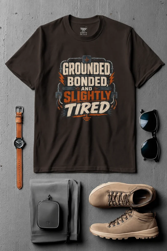 Grounded, Bonded and Slightly Tired Graphic Tee — Funny Electrical Worker Shirt — brown t-shirt, flat-lay product photo | Pressure Tested Co