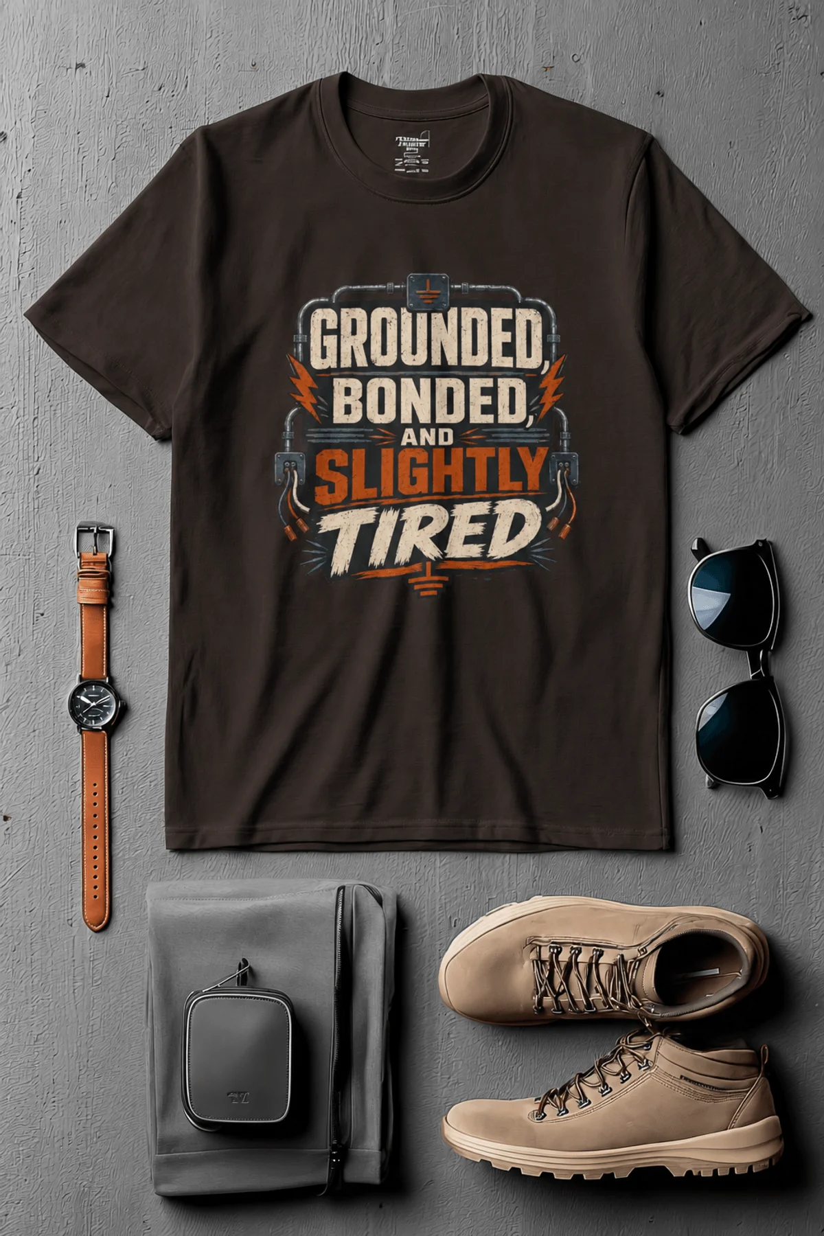 Grounded, Bonded and Slightly Tired Graphic Tee — Funny Electrical Worker Shirt — brown t-shirt, flat-lay product photo | Pressure Tested Co