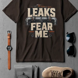 Leaks Fear Me T-Shirt - Funny Plumber Pipes Tee — brown t-shirt, flat-lay product photo | Pressure Tested Co