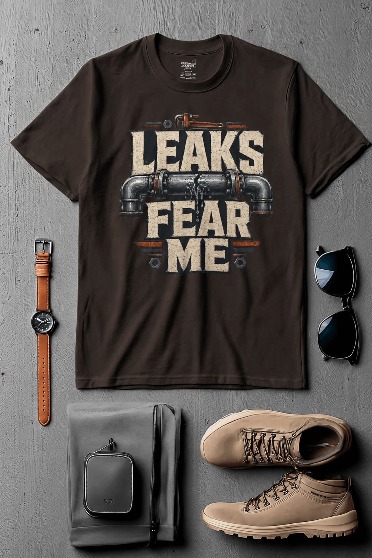 Leaks Fear Me T-Shirt - Funny Plumber Pipes Tee — brown t-shirt, flat-lay product photo | Pressure Tested Co
