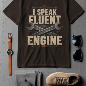 I Speak Fluent Engine T-Shirt — Mechanic Wrench Vintage Auto Repair Tee — brown t-shirt, flat-lay product photo | Pressure Tested Co