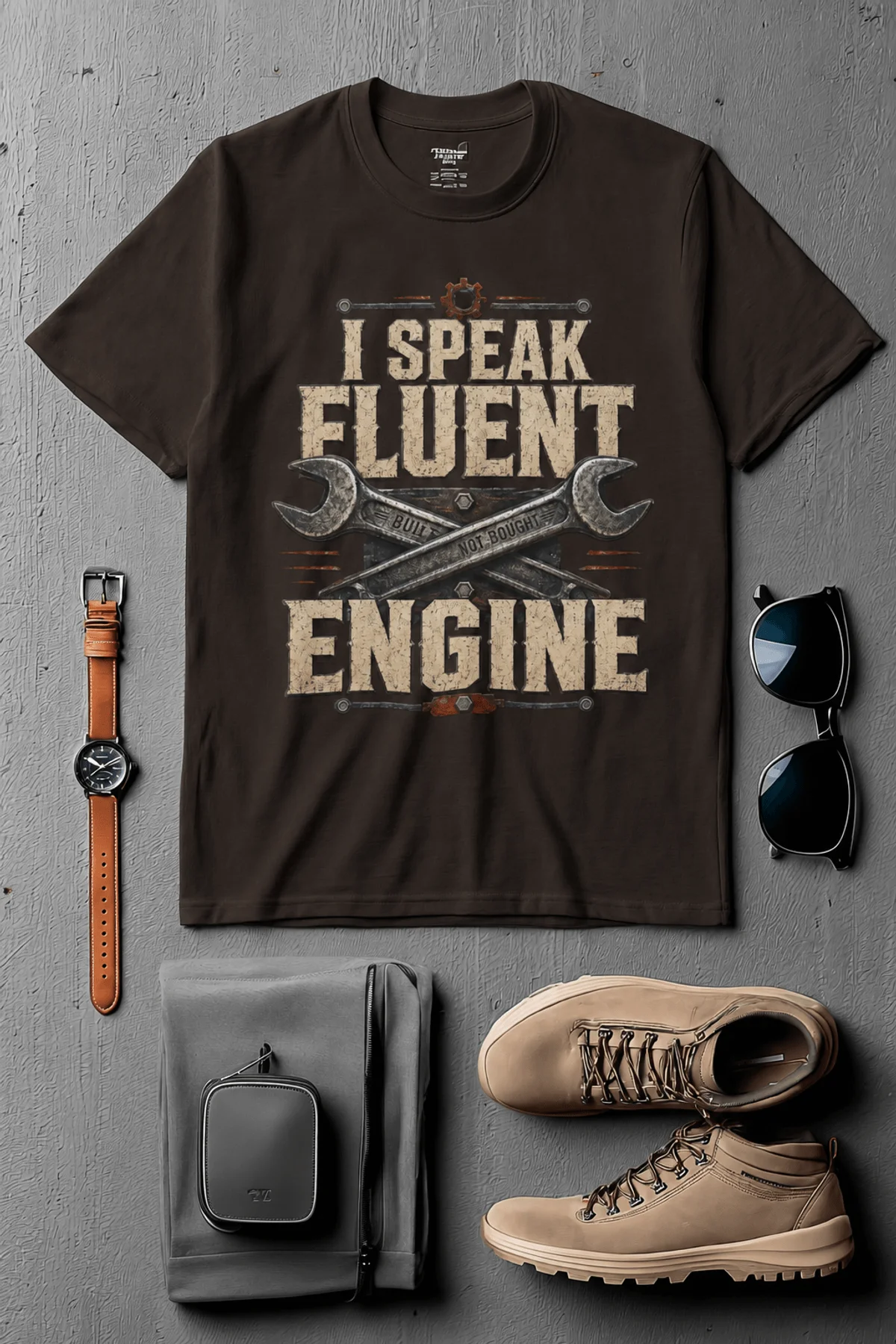I Speak Fluent Engine T-Shirt — Mechanic Wrench Vintage Auto Repair Tee — brown — Flat-lay I Speak Fluent Engine T-Shirt — Mechanic Wrench Vintage Auto Repair Tee — brown t-shirt, flat-lay product photo | Pressure Tested Co