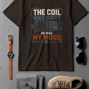 HVAC Technician Tee — “THE COIL WAS DIRTY. SO WAS MY MOOD.” — brown t-shirt, flat-lay product photo | Pressure Tested Co