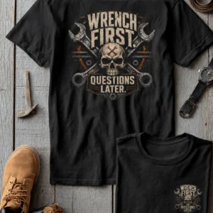 Wrench First Tee — "Wrench First, Questions Later" Mechanic Skull T-Shirt — brown t-shirt, flat-lay product photo | Pressure Tested Co