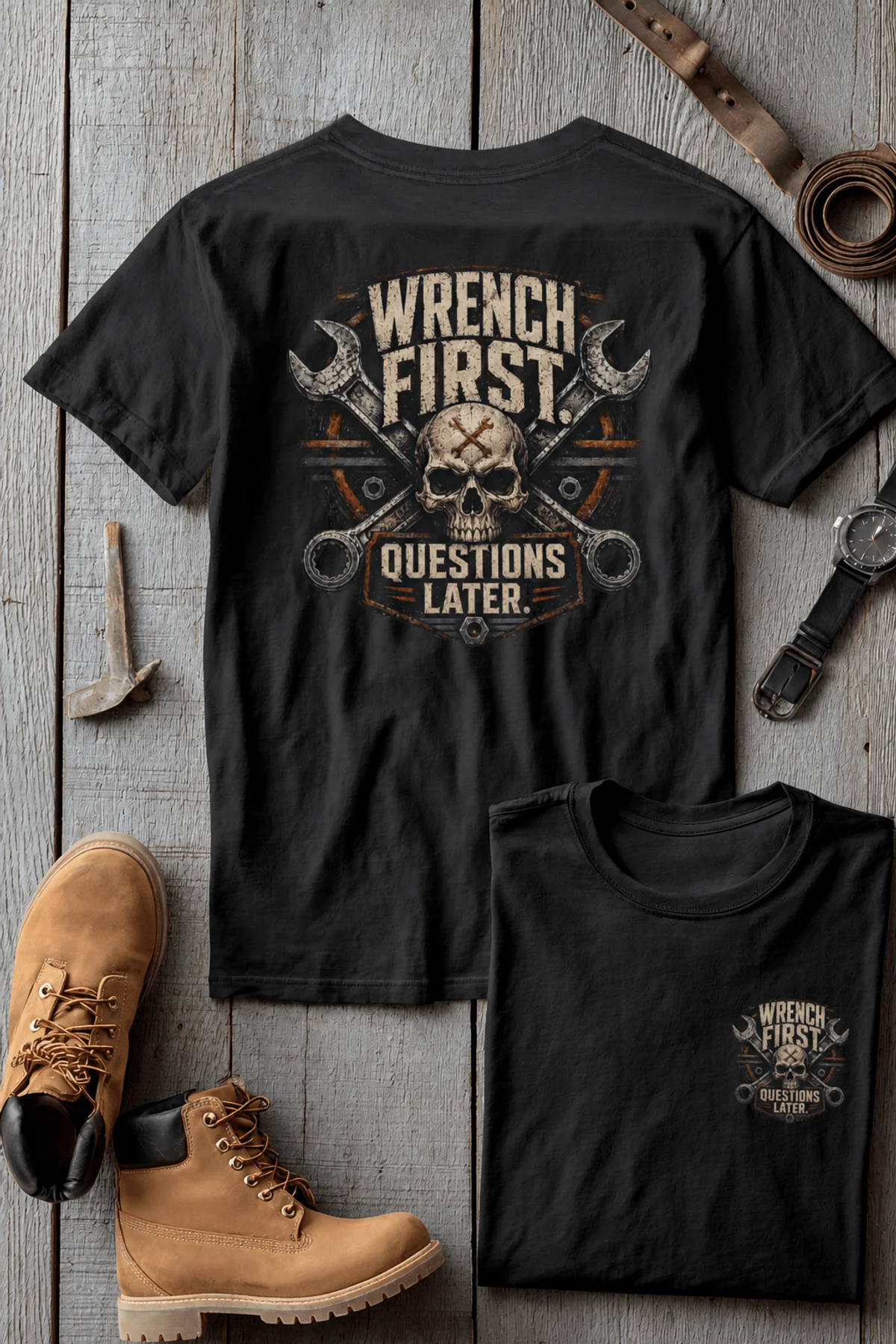 Wrench First Tee — "Wrench First, Questions Later" Mechanic Skull T-Shirt — brown t-shirt, flat-lay product photo | Pressure Tested Co