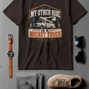 Bucket Truck T-Shirt - “My Other Ride Is A Bucket Truck” Utility Crew/Electrician Tee — brown t-shirt, flat-lay product photo | Pressure Tested Co