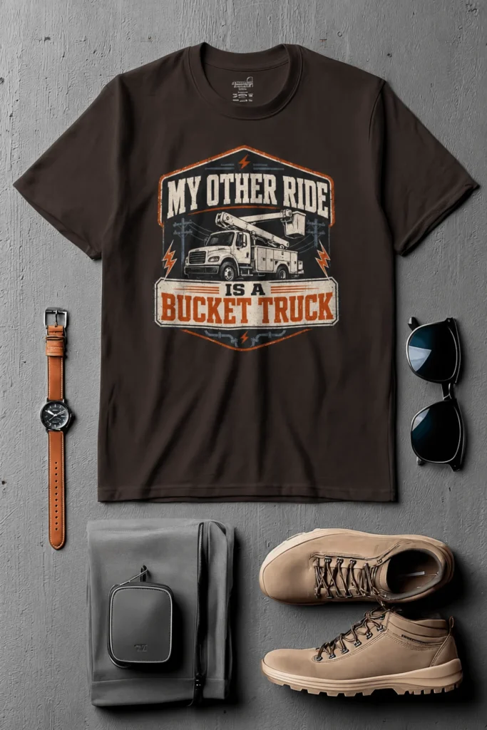 Bucket Truck T-Shirt - “My Other Ride Is A Bucket Truck” Utility Crew/Electrician Tee — brown t-shirt, flat-lay product photo | Pressure Tested Co
