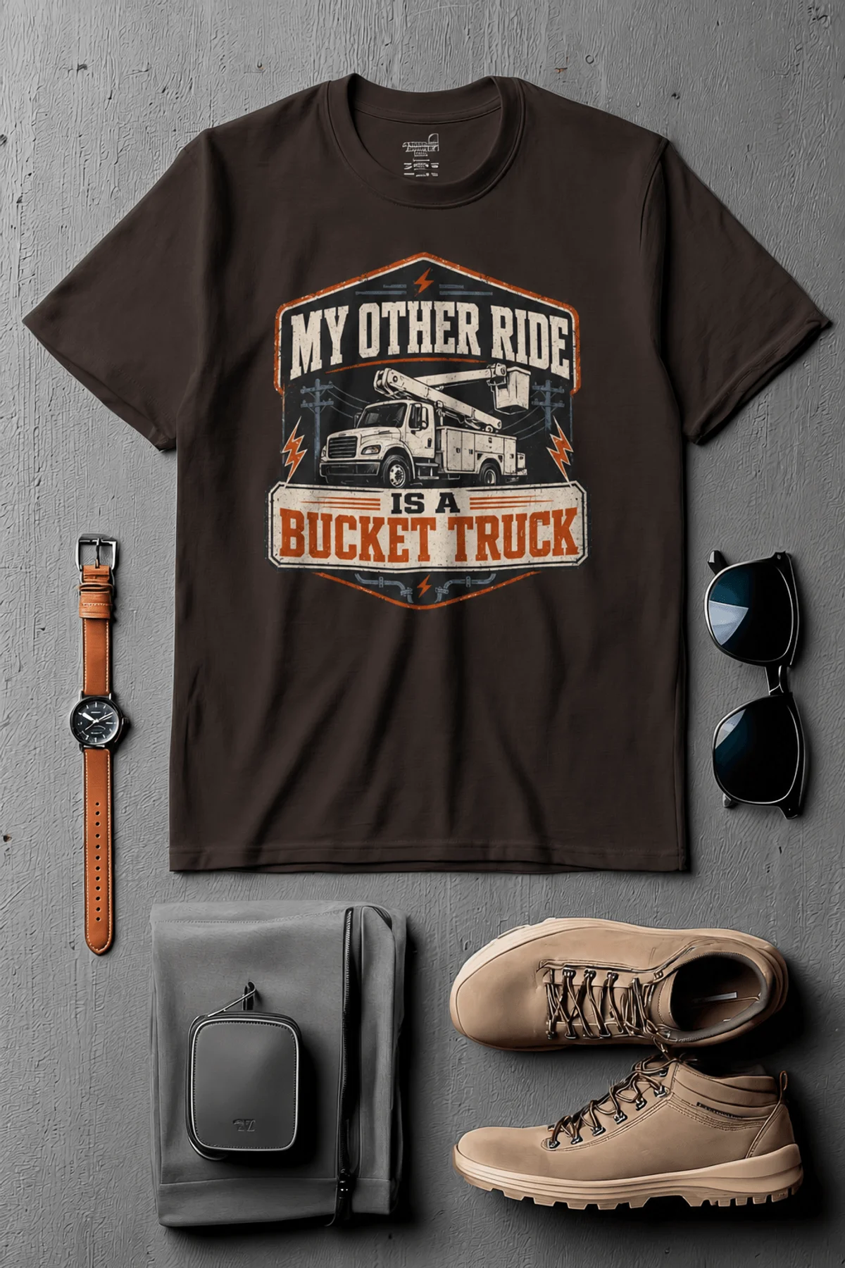 Bucket Truck T-Shirt - “My Other Ride Is A Bucket Truck” Utility Crew/Electrician Tee — brown t-shirt, flat-lay product photo | Pressure Tested Co