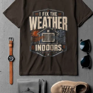 Funny HVAC Technician Tee - “I Fix The Weather Indoors.” Cooling/Furnace Shop Work Shirt — brown t-shirt, flat-lay product photo | Pressure Tested Co