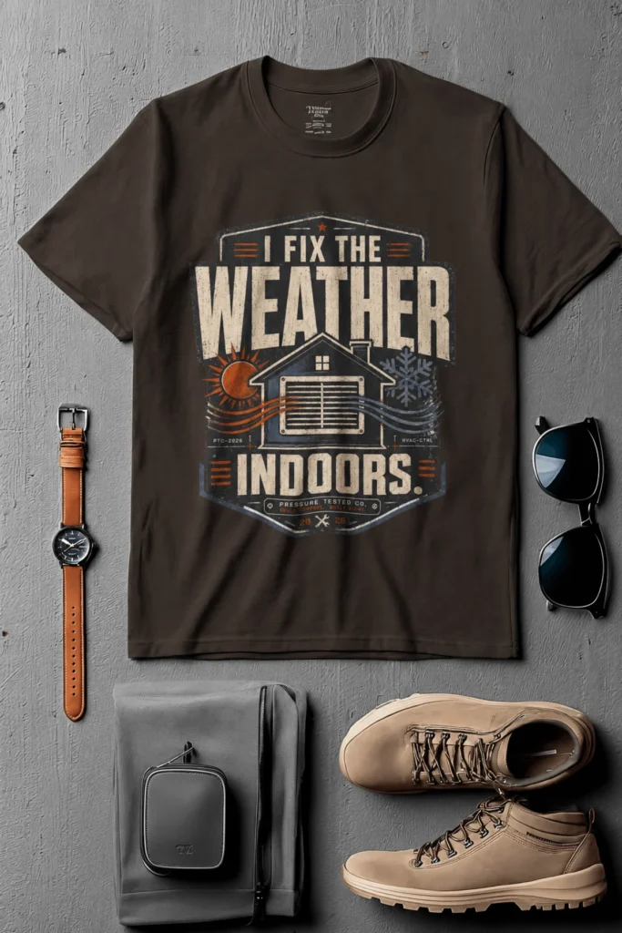 Funny HVAC Technician Tee - “I Fix The Weather Indoors.” Cooling/Furnace Shop Work Shirt — brown t-shirt, flat-lay product photo | Pressure Tested Co