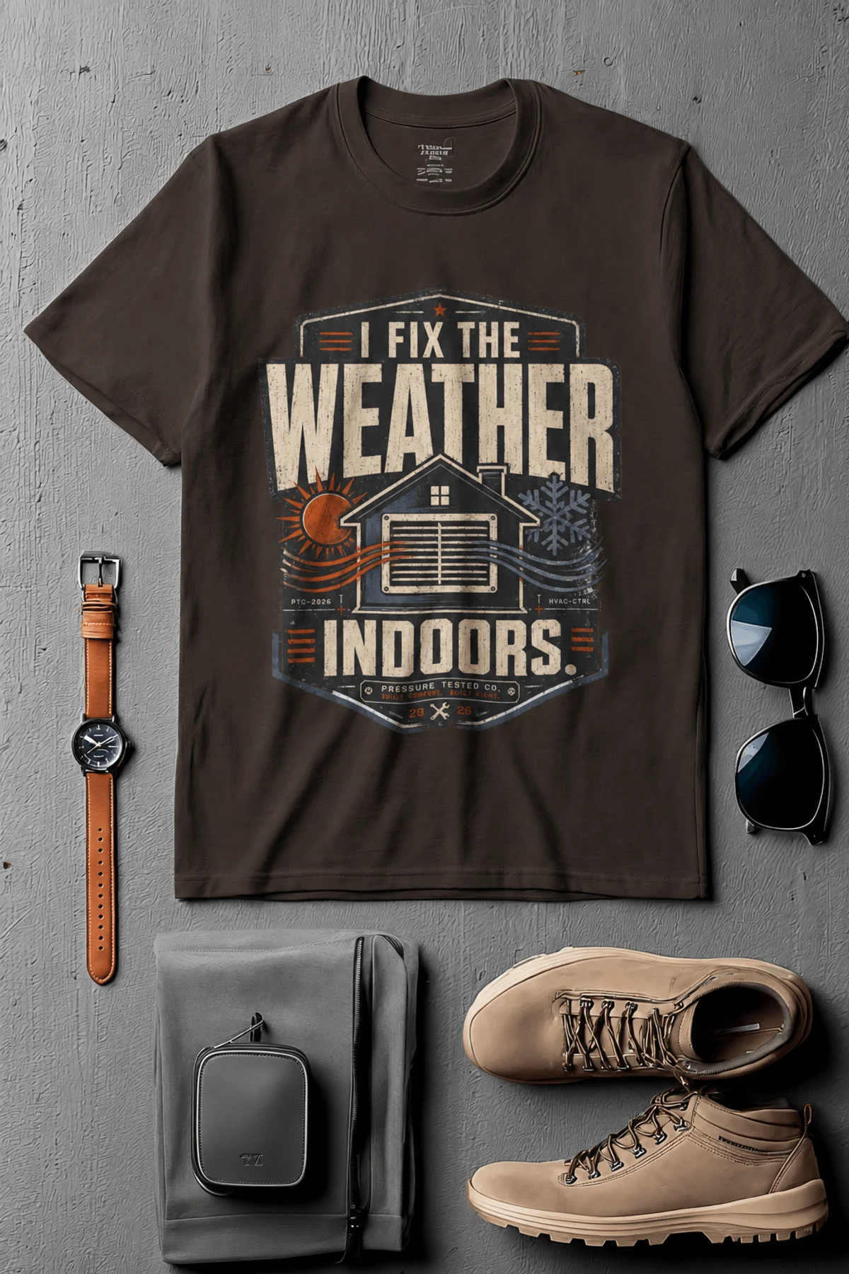 Funny HVAC Technician Tee - “I Fix The Weather Indoors.” Cooling/Furnace Shop Work Shirt — brown — Flat-lay Funny HVAC Technician Tee - “I Fix The Weather Indoors.” Cooling/Furnace Shop Work Shirt — brown t-shirt, flat-lay product photo | Pressure Tested Co