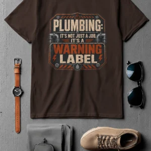 Plumbing Warning Label T-Shirt — Funny Plumber Shirt — brown t-shirt, flat-lay product photo | Pressure Tested Co