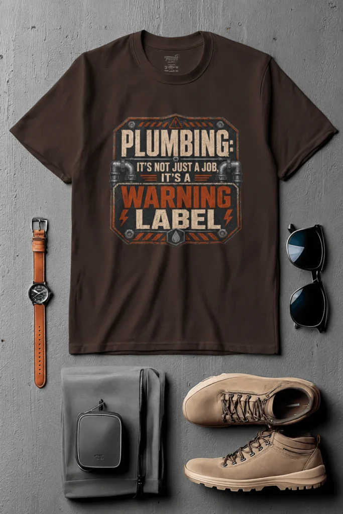 Plumbing Warning Label T-Shirt — Funny Plumber Shirt — brown t-shirt, flat-lay product photo | Pressure Tested Co