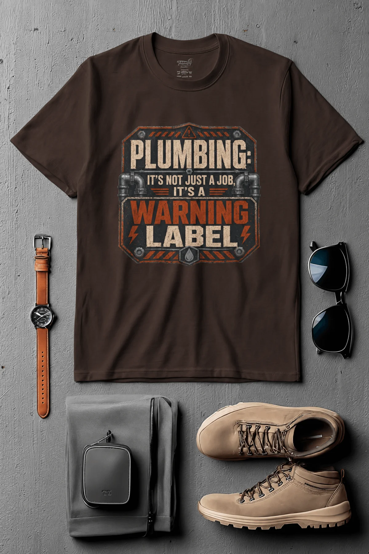 Plumbing Warning Label T-Shirt — Funny Plumber Shirt — brown t-shirt, flat-lay product photo | Pressure Tested Co