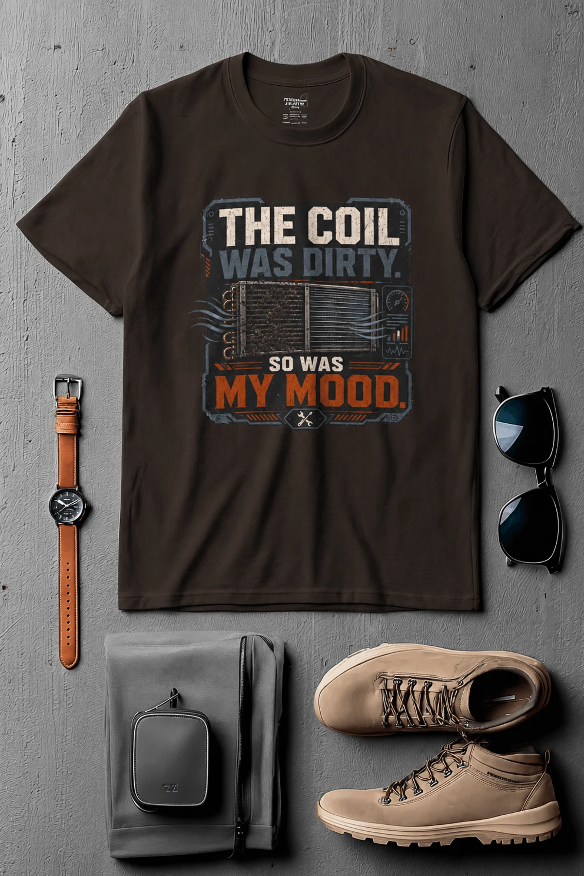 HVAC Technician Tee — “THE COIL WAS DIRTY. SO WAS MY MOOD.” — brown — Flat-lay HVAC Technician Tee — “THE COIL WAS DIRTY. SO WAS MY MOOD.” — brown t-shirt, flat-lay product photo | Pressure Tested Co