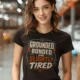 Grounded, Bonded and Slightly Tired Graphic Tee — Funny Electrical Worker Shirt — brown t-shirt, model photo | Pressure Tested Co