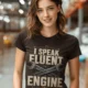 I Speak Fluent Engine T-Shirt — Mechanic Wrench Vintage Auto Repair Tee — brown — Model I Speak Fluent Engine T-Shirt — Mechanic Wrench Vintage Auto Repair Tee — brown t-shirt, model photo | Pressure Tested Co