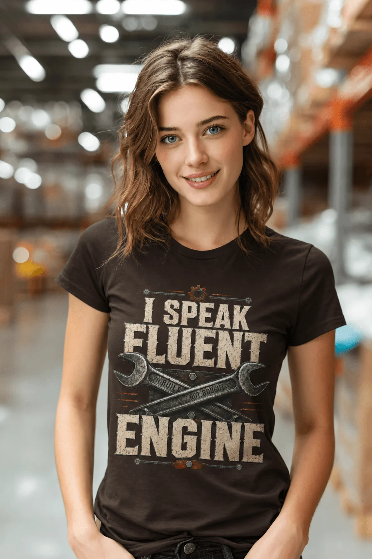 I Speak Fluent Engine T-Shirt — Mechanic Wrench Vintage Auto Repair Tee — brown — Model I Speak Fluent Engine T-Shirt — Mechanic Wrench Vintage Auto Repair Tee — brown t-shirt, model photo | Pressure Tested Co
