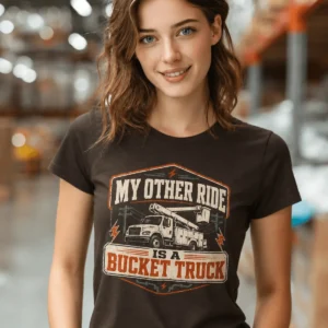 Bucket Truck T-Shirt - “My Other Ride Is A Bucket Truck” Utility Crew/Electrician Tee — brown t-shirt, model photo | Pressure Tested Co