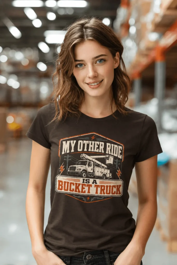 Bucket Truck T-Shirt - “My Other Ride Is A Bucket Truck” Utility Crew/Electrician Tee — brown t-shirt, model photo | Pressure Tested Co
