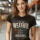 Funny HVAC Technician Tee - “I Fix The Weather Indoors.” Cooling/Furnace Shop Work Shirt — brown — Model Funny HVAC Technician Tee - “I Fix The Weather Indoors.” Cooling/Furnace Shop Work Shirt — brown t-shirt, model photo | Pressure Tested Co