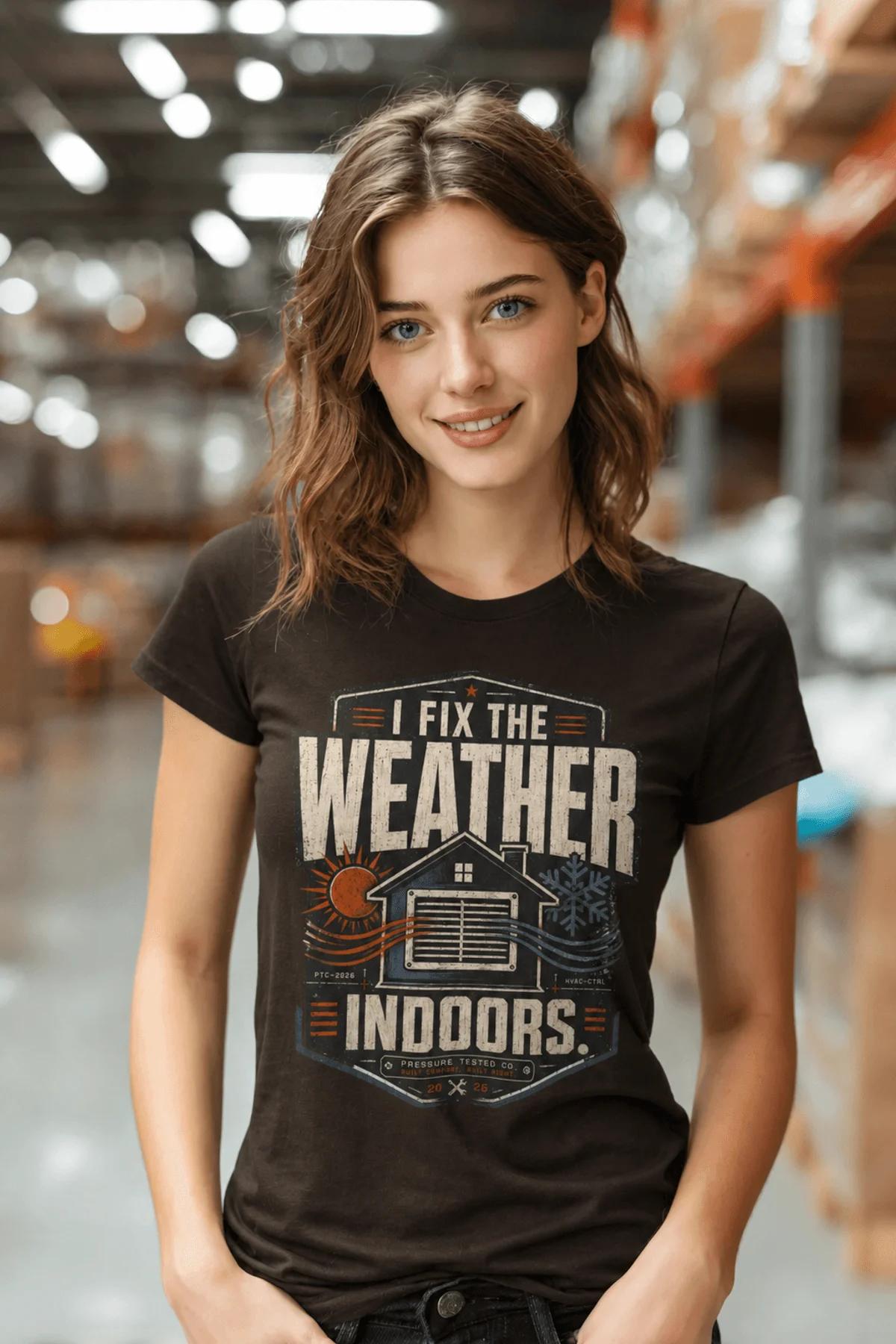 Funny HVAC Technician Tee - “I Fix The Weather Indoors.” Cooling/Furnace Shop Work Shirt — brown — Model Funny HVAC Technician Tee - “I Fix The Weather Indoors.” Cooling/Furnace Shop Work Shirt — brown t-shirt, model photo | Pressure Tested Co