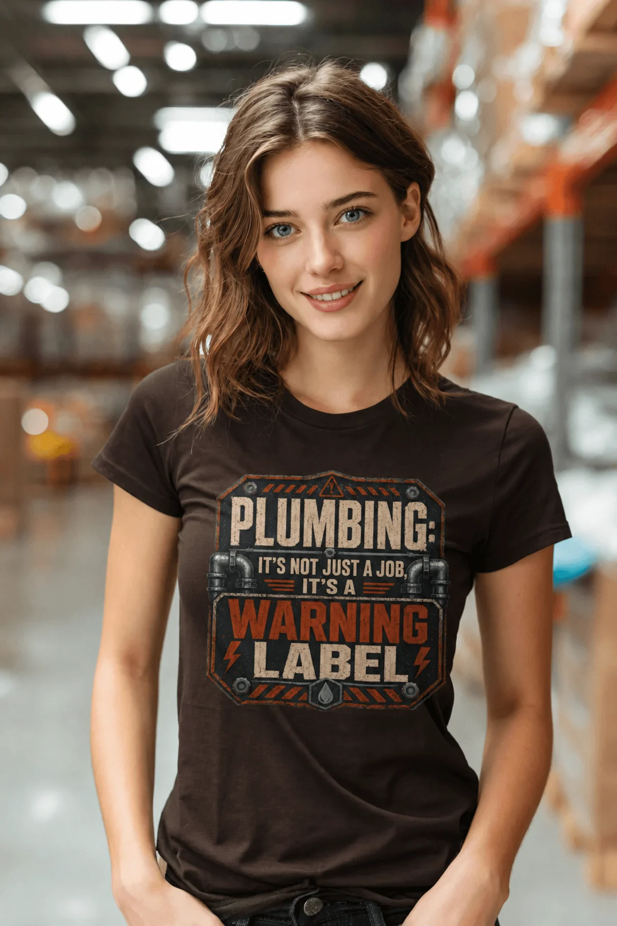 Plumbing Warning Label T-Shirt — Funny Plumber Shirt — brown t-shirt, model photo | Pressure Tested Co
