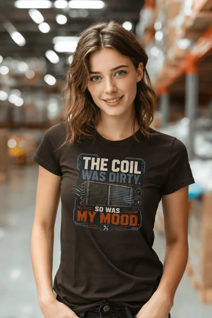 HVAC Technician Tee — “THE COIL WAS DIRTY. SO WAS MY MOOD.” — brown t-shirt, model photo | Pressure Tested Co