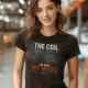 HVAC Technician Tee — “THE COIL WAS DIRTY. SO WAS MY MOOD.” — brown — Model HVAC Technician Tee — “THE COIL WAS DIRTY. SO WAS MY MOOD.” — brown t-shirt, model photo | Pressure Tested Co