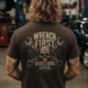 Wrench First Tee — "Wrench First, Questions Later" Mechanic Skull T-Shirt — brown t-shirt, model photo | Pressure Tested Co