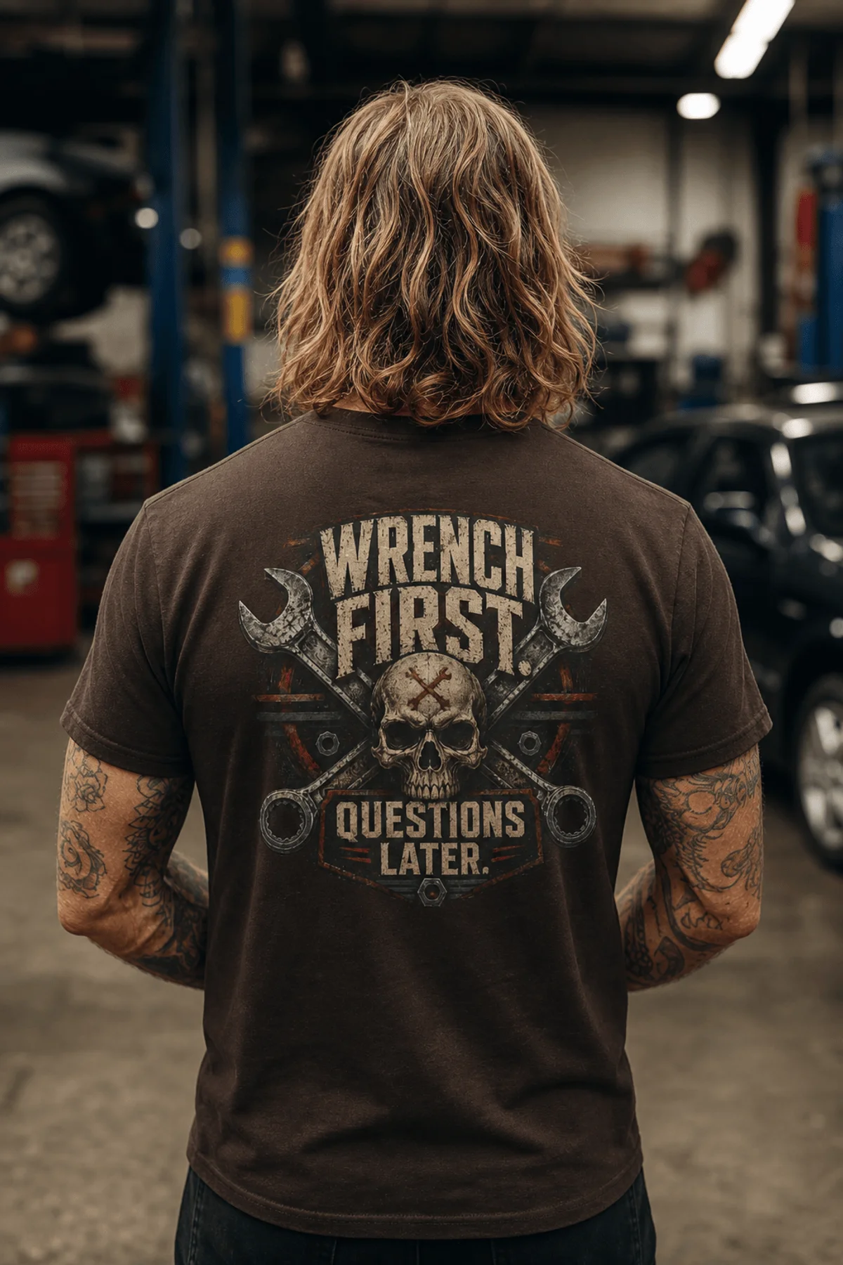 Wrench First Tee — "Wrench First, Questions Later" Mechanic Skull T-Shirt — brown t-shirt, model photo | Pressure Tested Co