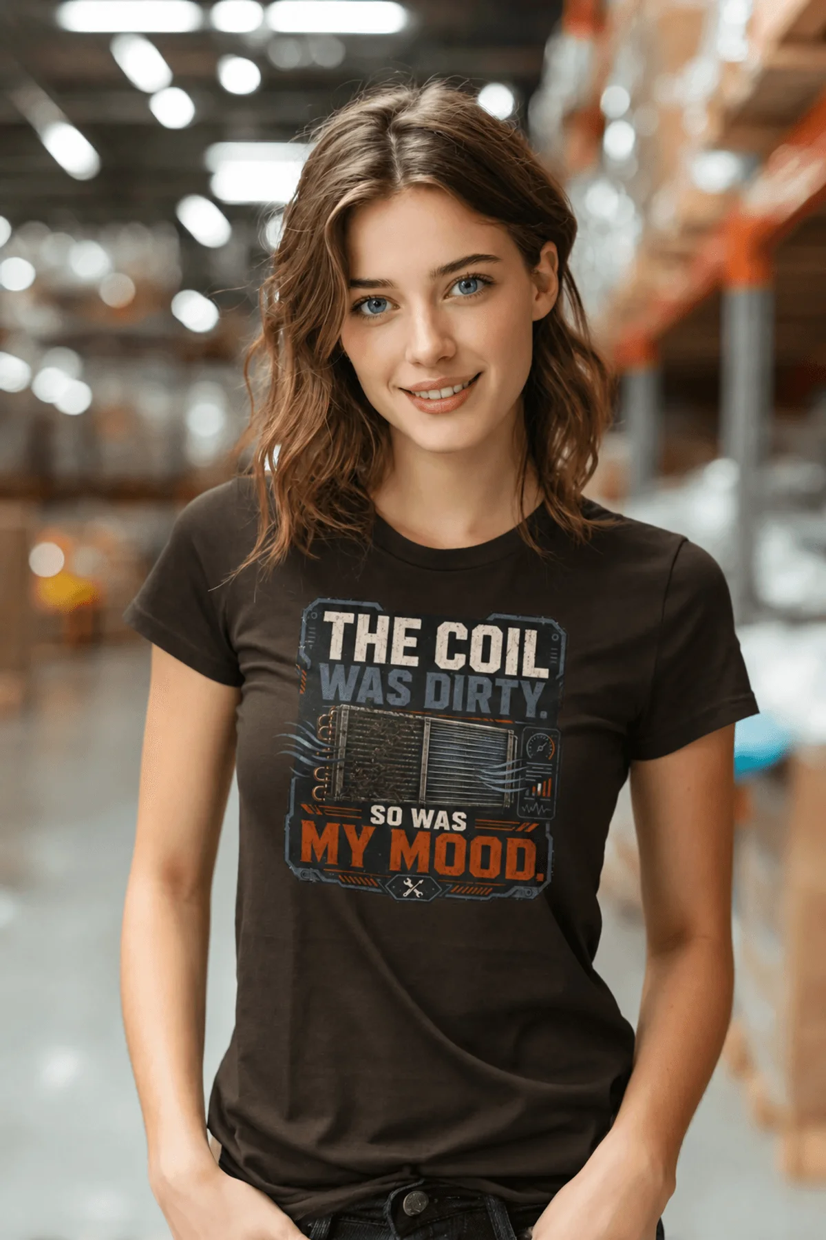 HVAC Technician Tee — “THE COIL WAS DIRTY. SO WAS MY MOOD.” — brown — Model HVAC Technician Tee — “THE COIL WAS DIRTY. SO WAS MY MOOD.” — brown t-shirt, model photo | Pressure Tested Co