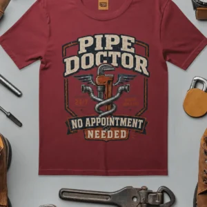 Plumber T-Shirt — "Pipe Doctor. No Appointment Needed" Vintage Work Shirt — chili t-shirt, flat-lay product photo | Pressure Tested Co