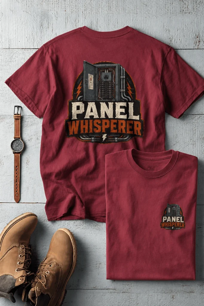Funny Electrician Tee - "Panel Whisperer" Electrical Worker T-Shirt — chili t-shirt, flat-lay product photo | Pressure Tested Co