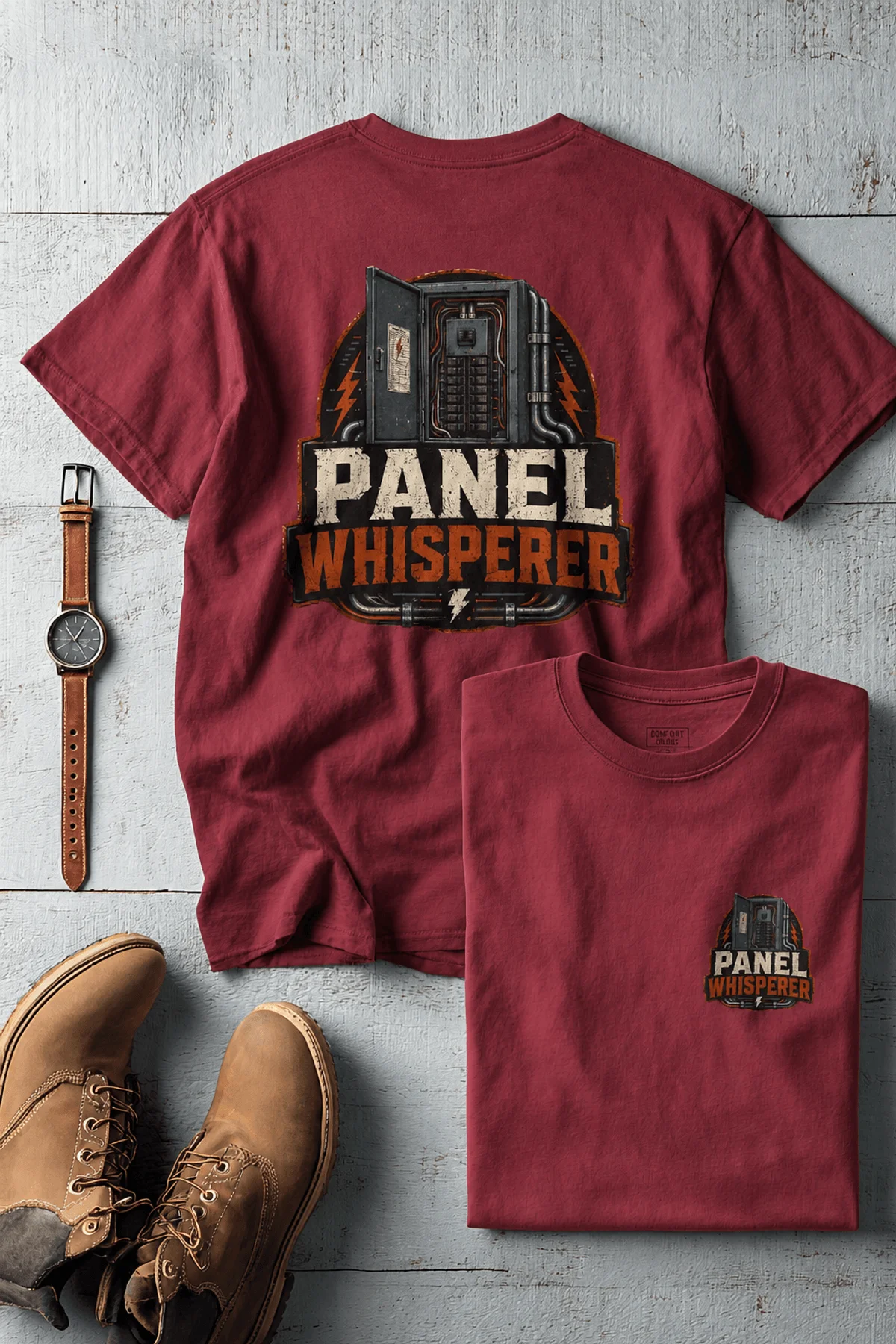 Funny Electrician Tee - "Panel Whisperer" Electrical Worker T-Shirt — chili t-shirt, flat-lay product photo | Pressure Tested Co